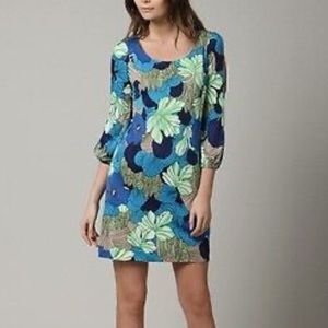 Tibi Everglades Blue Green Gray Silk Blend Scoop Neck Shift Dress, Large